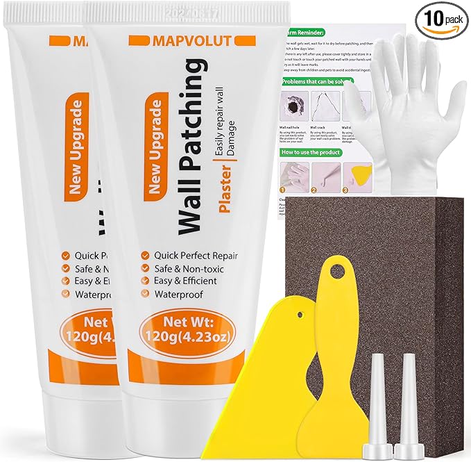 MAPVOLUT Drywall Repair Kit, 2 Pack Wall Mending Agent with 2 Scraper, Proective Gloves, Quick and Easy Solution to Fill The Holes and Crack for Home Wall, Plaster Wall Dent Repair