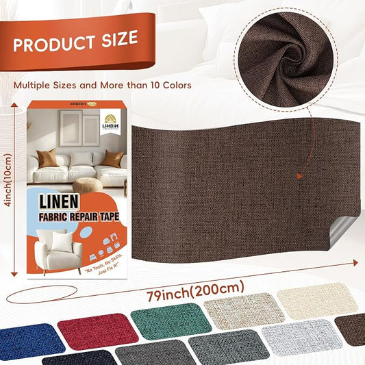 Linen Fabric Repair Tape 4x79 Inch, Self Adhesive Couch Patch Repair Fabric Tape for Furniture, Linen Patch Kit for Couch, Carpet, Upholstery, Chair, Sofa, Pillows, Bag (Coarse, Dark Brown)