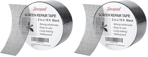 Secopad Black Window Screen Repair Tape, 2 in X 15 FT (180IN) Screen Repair Kit for Windows or Doors, Strong Adhesive Screen Patch Fiberglass Screen Tape Mesh Repair (Pack of 2)