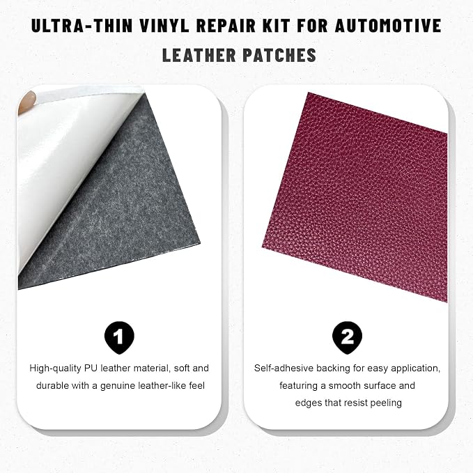 2 PCS Leather Repair Patch Tape, 4×8 Inch Waterproof PU Leather Tape Auto Upholstery Repair Patches, Self-Adhesive Cuttable Patch for Repairing Car Seats Sofas Chairs (Wine Red)