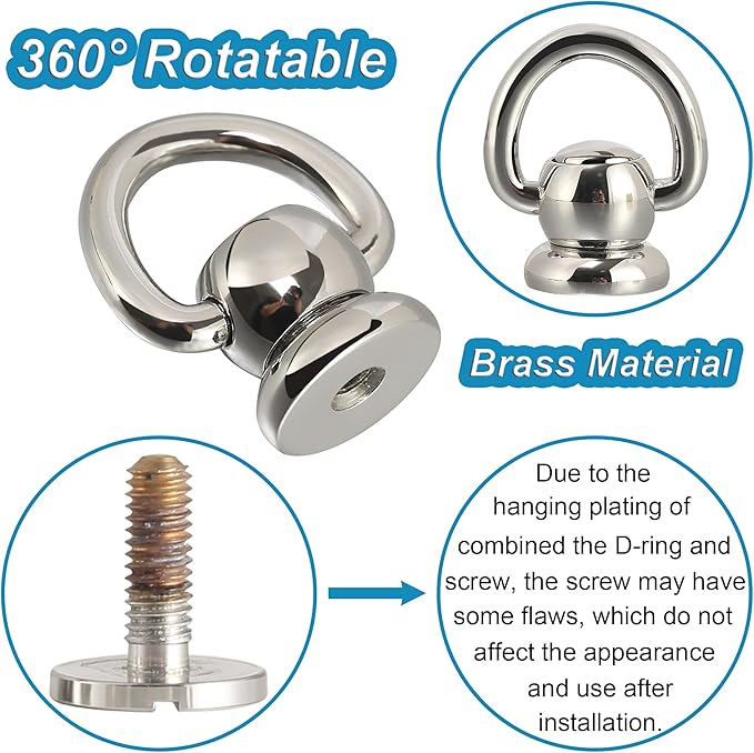 Notgia 4Pcs D Rings for Brass Rivets, Leather Rotatable Strap Hardware, Ball Button Studs, Chicago Screws - Handbag Purse Repair, Dog Collar, Leather Crafts (Silver)
