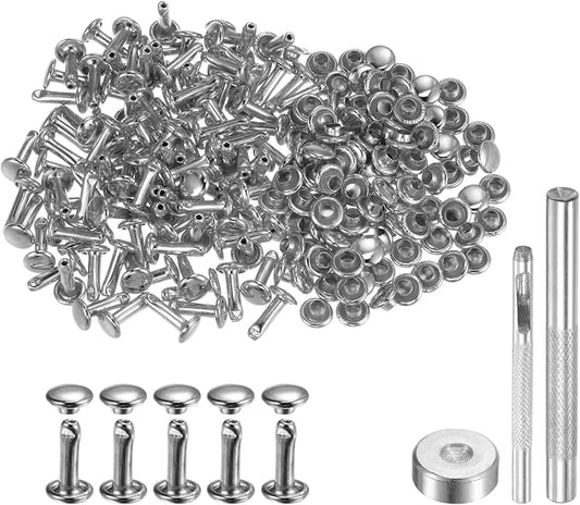 HARFINGTON 100 Sets Leather Rivets 10 x 6mm Metal Double Cap Rivet Snaps Studs Fasteners with 3pcs Setting Tools Rivets for Leather Craft DIY Repair Decoration, Silver Tone