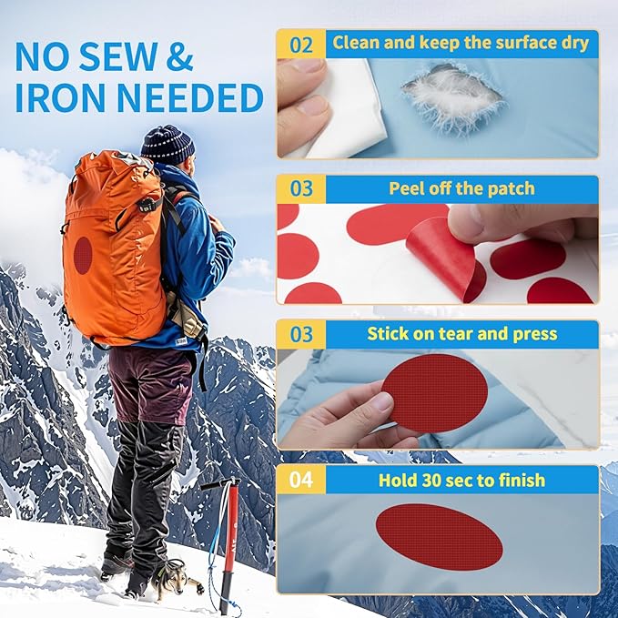 Waterproof Nylon Fabric Repair Tape Tent Repair Kit, 4pcs Outdoor Gear Tenacious Fix Tape, Self-Adhesive Fabric Patches for Clothes, Down Puffer Jacket, Tent, Sleeping Bag, Backpack, Red