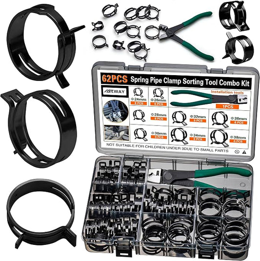 Automotive spring hose clamps 24-38 mm, 62 pcs fuel coolant pipe clamp tools in 8 sizes, used to fix hose interfaces in automotive, marine, gardening, and industrial applications