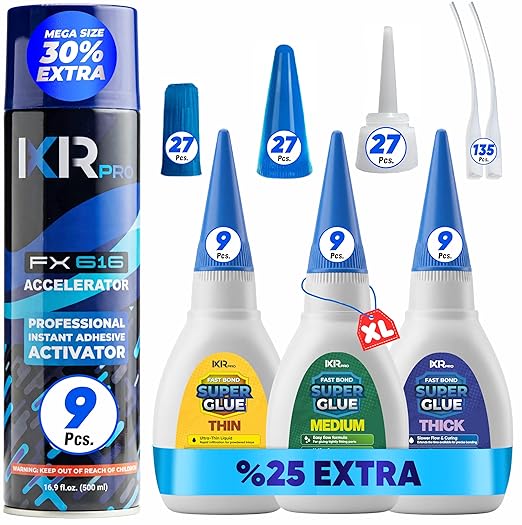 CA Glue with Activator Kit – 27 x 1.75 oz (Thin, Medium, Thick) + 9X 16.9 fl oz Accelerator Spray, Cyanoacrylate Super Glue for Woodworking, 3D Printing, Plastic, Guitar Repair & Hobby Projects