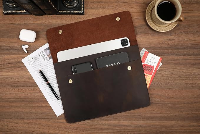 Leather Tablet Sleeve - 11/12.9/13 Inch iPad Pro Sleeve, Document Holder Folio File Holder, Genuine Leather iPad Case for Protection and Style-Dark Khaki