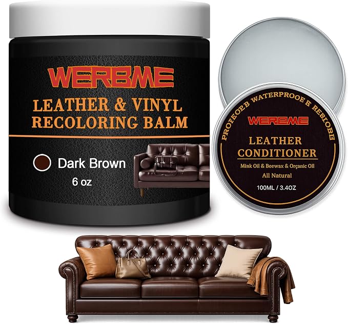 Leather Recoloring Balm & Mink Oil Leather Conditioner, Dark Brown | Restores faded leather, waterproof, scratch repair for couches, car seats, shoes & bags, Complete kit with mink oil & tools