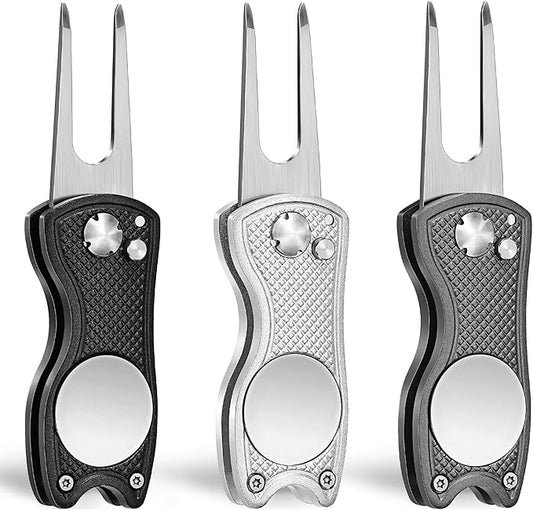 Mile High Life Golf Divot Repair Tool, All Metal Foldable Divot Tool with Pop-up Button & Magnetic Ball Marker, 2-6 Pack