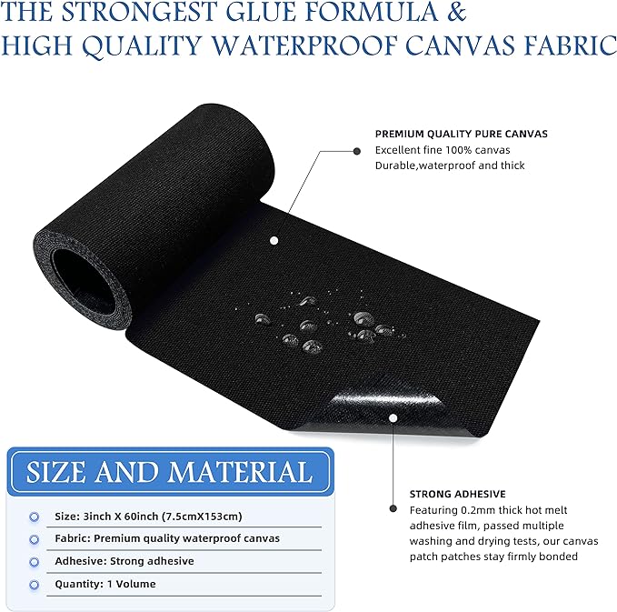 KING MOUNTAIN Canvas Iron on Patch,3"×60",Waterproof 100% Cotton Fabric Repair Patch,Used for Various Sofa,Tent,Clothes,Seats,Suitcases (Black,Waterproof)