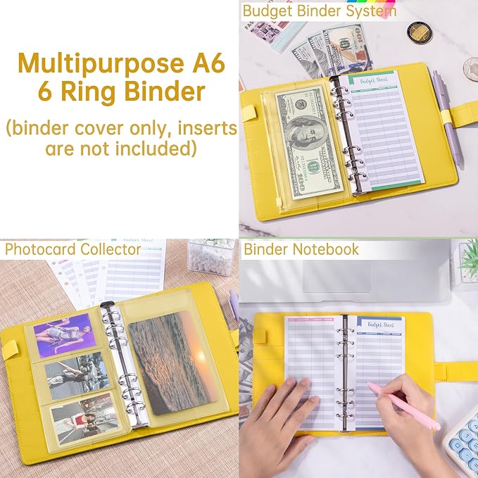 Antner A6 Notebook Binder Refillable 6 Ring Budget Binder Cover for A6 Refill Paper, PU Leather Budget Planner Organizer with Magnetic Buckle, Loose Leaf Personal Planner, Lemon Yellow