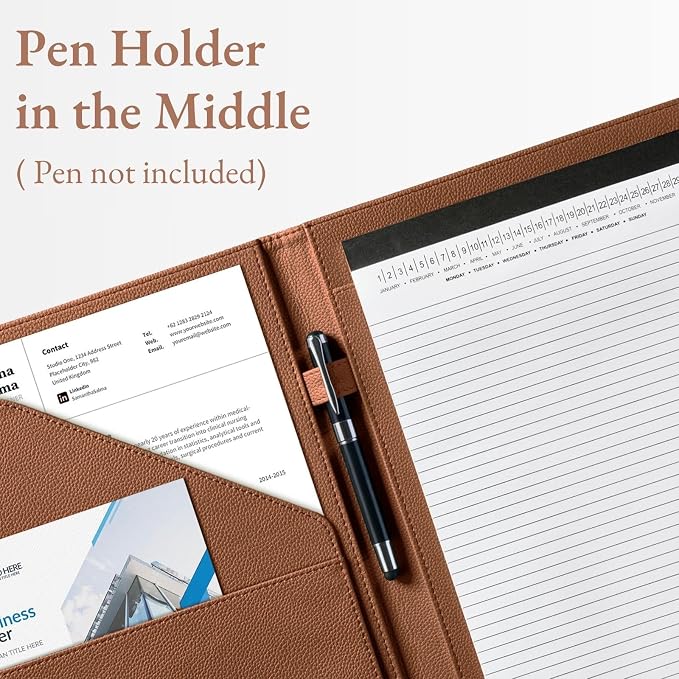 Mymazn Padfolio, Portfolio Folder, Legal Pad Holder, Resume Folder | Faux Leather Binder with Document Organizer, Business Card Holder, Letter-Size Notepad for Interview, Men & Women, Brown