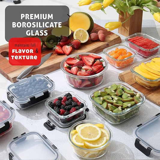 EATEX 48pc Glass Storage Containers with Lids, 24 Set Glass Food Storage Containers with 24 Airtight Lids, Pantry Kitchen Meal Prep Containers for Lunch, Freezer Storage Containers, Dishwasher Safe