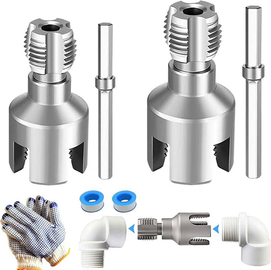 2 PCS 2-in-1 PVC Pipe Threader Kit, Dual Function Integrated Internal & External Pipe Threader with 1/2" & 3/4" Dies, PTFE Tape & Gloves. Drill Compatible Pipe Threader Kit for Home Repairs
