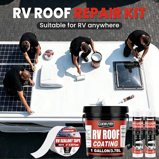 RV Roof Sealant Waterproof, RV Roof Coating for RV, Camper and Trailer RV Roof Repair Kit Includes 1 Gallon Roof Coating, 2 Pack 10.5 OZ Self-Leveling Sealant, 4" x 50' RV Sealant Tape