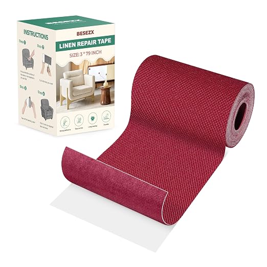 BESEZX Linen Fabric Repair Tape, 3x79 Inch Self Adhesive Repair Patches, Couch Fabric Tape for Furniture, Sofa, Chair, Upholstery.(Red)
