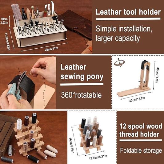 628Pcs Leather Working Tooling Set for Beginners, Starter Working and Tool Supplies with Leather Pony, Tooling Box, Stamping Punching Tools, Sewing Thread, Rivets Kit for DIY Crafts