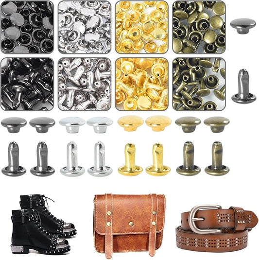400Sets Rivets for Leather, 6mm Double Round Cap Rivets, Leather Rivets Tubular Studs Spike for Purse Strap Key Rings Clothing Fabric Pets Collar Repair Hardware (4 Color)