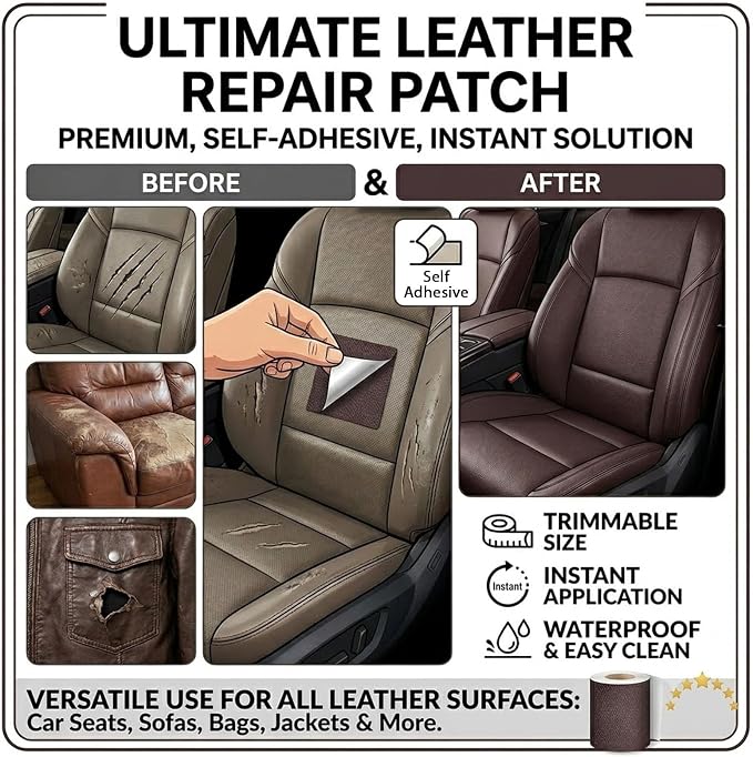 2PCS Leather Repair Patch Tape for Car Seats, Self Adhesive Leather Repair Patch Vinyl Repairs Kit, Waterproof PU Upholstery Tape for Furniture Couch Chair, Sofa Seat Repairs 4 x 8 Inch (Brown)