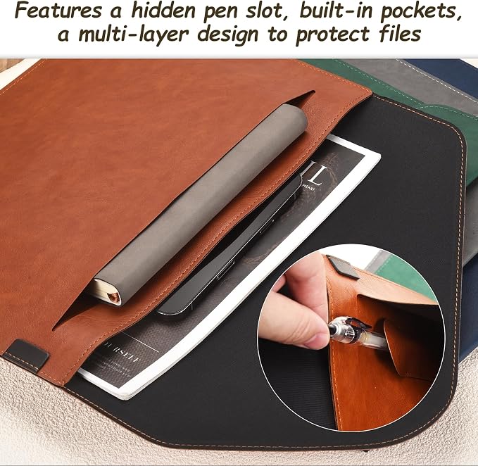 PATIKIL 2Pcs Leather Folder, 14x10 Leather Document Holder File Folder PU Pouch Bag Portfolio File Organizer Button Personal Envelope Waterproof for Traveling Office Men Gift, Gray