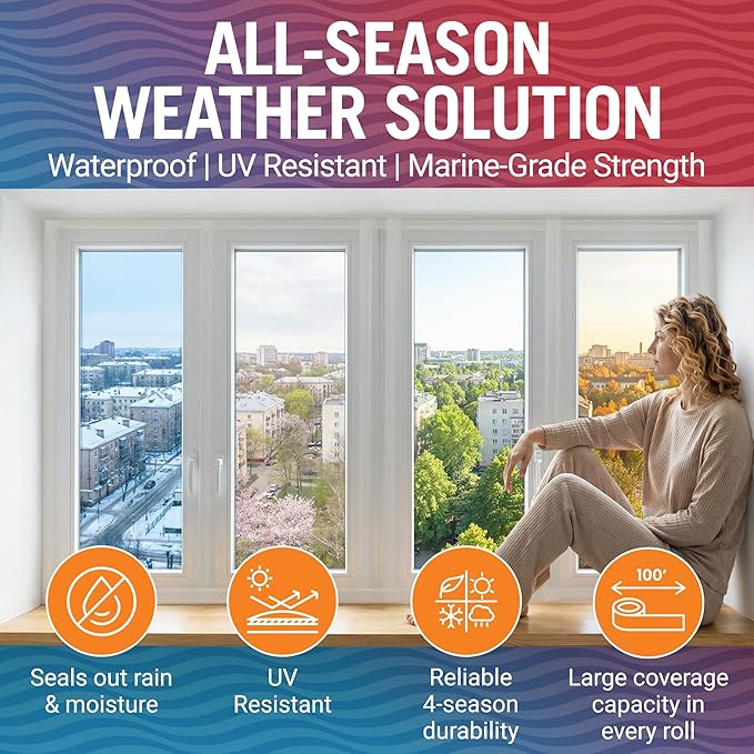 Window Sealing Tape Clear 2-Pack, 2 Inch x 100 FT Per Roll, Weather Seal for Windows, Doors and AC Units, Waterproof UV Resistant, Damage-Free Removal - Better Boat