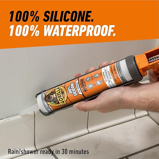 Gorilla 100% Silicone Waterproof Caulk, All‑Purpose Sealant, Mold & Mildew Resistant, Flexible Seal, Clear, 10 oz Cartridge (Pack of 1)