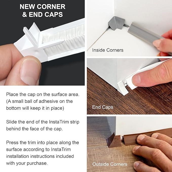 InstaTrim Corner & End Caps - Six Gray 1/2" Wide Trim Corner and End Pieces - Finishing Caps for Corners & Exposed Ends - Paintable