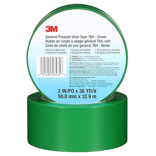 3M Vinyl Tape 764, General Purpose, 2 in x 36 yd, Green, 1 Roll, Light Traffic Floor Marking Tape, Social Distancing, Color Coding, Safety, Bundling