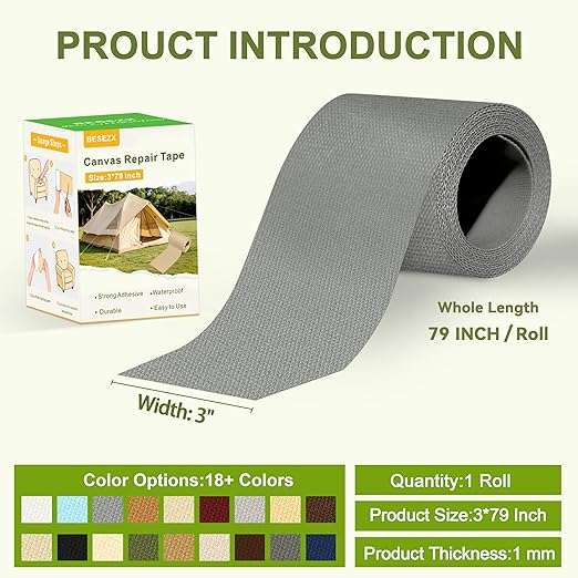 Besezx Canvas Repair Tape,Outdoor Gear Patch, 3x79 Inches,Waterproof Self-Adhesive Fabric Repair Tape for Repairing Boat Covers,Sun Shades,Sofas,Tents,Lounge Chairs,Awnings (Grey)
