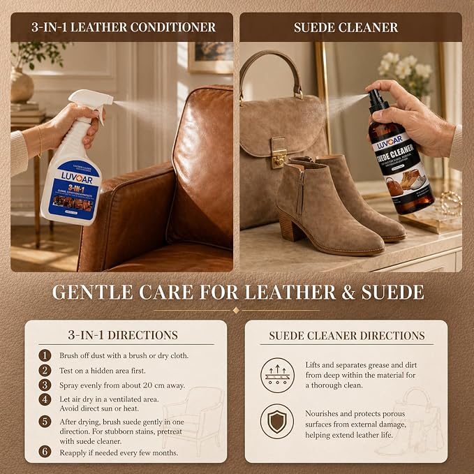 Leather Cleaner and Conditioner Kit - and More for Car Interiors, Apparel, Furniture, Boots & Accessories - with Microfiber Brush & Microfiber Cloth 2 Bottles (8 oz Each)
