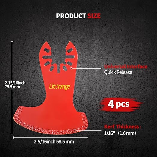Litorange 4 Pcs Diamond Oscillating Blades, Swing Diamond Multitool Saw Blades for Grout Removal, Flush Cut, Cleaning Mortar