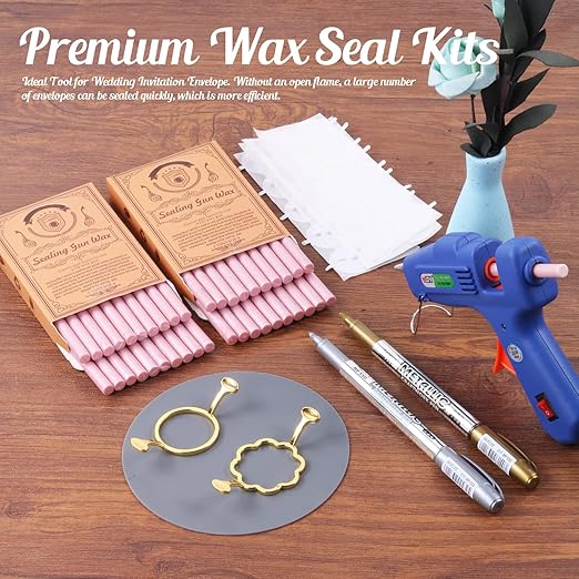 Wax Seal Kit, WASOHLING 40Pcs Pearl Pink Sealing Wax Sticks with Glue Gun, Wax Seal Molds, Silicone Mat, Marker Pens, Premium Kit for Wedding Invitations Envelopes Cards (Pearl Pink)
