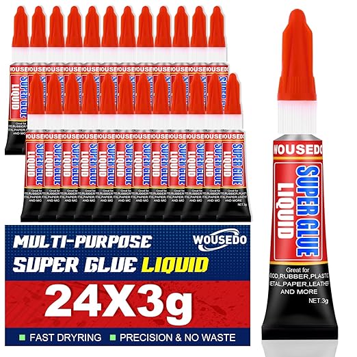 WOUSEDO 24 X 3g Super Glue Liquid, Clear Strong Adhesive,Fast Drying Cyanoacrylate Glue for Wood, Rubber, Leather, Hard Plastic, Metal, DIY Crafts and More