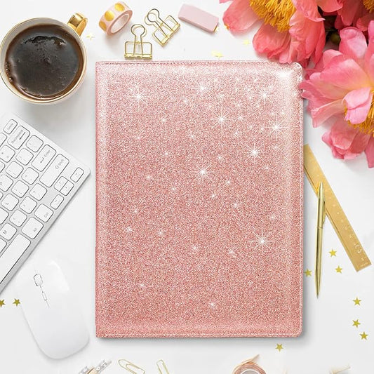 Padfolio/Resume Portfolio Folder Glitter Pink for Women,WAVEYU Cute Pink Padfolio Cover Folder, Conference/Legal Document Organizer with Letter/A4 Size Clipboard, Document Sleeve