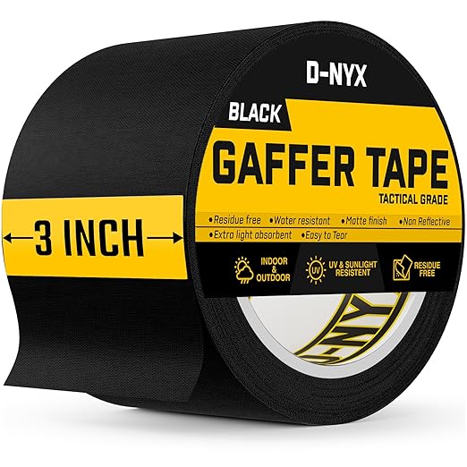 D-NYX Gaffer Tape 3 Inch x 1 Pack Black Gaff Tape, Heavy Duty No Residue Gaffers Tape, Matte Finish, Non-Reflective, Multipurpose Real Professional Grade Black Gaffer Tape Waterproof