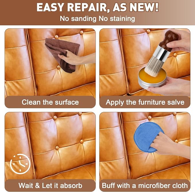 Furniture Salve for Leather & Wood, AHIER 4oz Professional Furniture Repair Salve Kit with Brush and Sponge Pad, Restore, Protect, Polish Conditioner for Couch, Chairs, Tables Leathers Cleaning