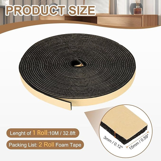 PATIKIL Foam Insulation Tape, 2Pcs 5/8" W x 1/8" t x 32.8FT Self Adhesive Weather Stripping Door Seal Strip for Door Window Air Conditioning, Black