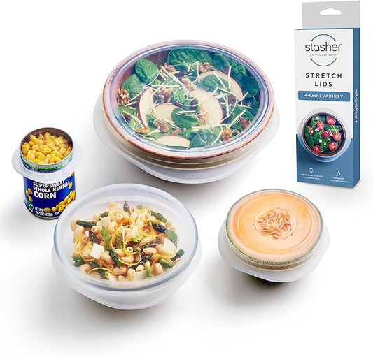 Stasher Premium Reusable Silicone Stretch Lids, Clear, 4pk of 9”, 6.5”, 4.5”, and 2.5” Lids, Airtight Seal, Food Container Covers, BPA Free, Leak-Free, Dishwasher Safe, Microwave Safe, Eco-Friendly