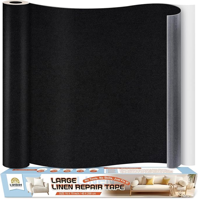 Linen Fabric Repair Tape 16x79 Inch, Self Adhesive Couch Patch Repair Fabric Tape for Furniture, Linen Patch Kit for Couch, Carpet, Upholstery, Chair, Sofa, Cushion, Bag (Black)