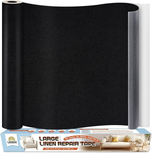 Linen Fabric Repair Tape 16x79 Inch, Self Adhesive Couch Patch Repair Fabric Tape for Furniture, Linen Patch Kit for Couch, Carpet, Upholstery, Chair, Sofa, Cushion, Bag (Black)