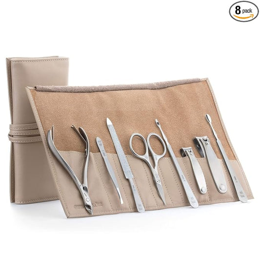 GERMANIKURE 8pc Manicure & Pedicure Set in Beige Leather Case - Made in Germany, FINOX Stainless Steel Tools – Professional Cuticle and Nail Care Kit