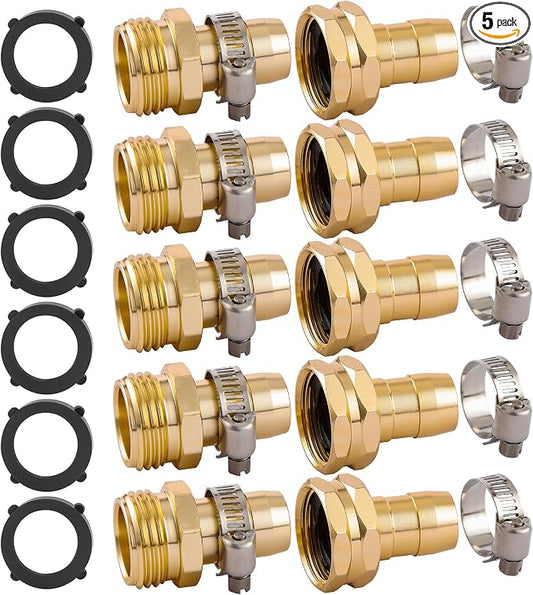 5 Set Garden Hose Repair Connector Kit with Clamps, Fit for 3/4" or 5/8" Garden Hose Fitting, Male and Female Hose Adapter, Water Hose Repair Kit