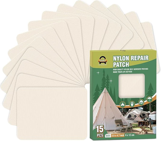 OAZ 15 Pieces 3.5 x 4.7 inch Nylon Repair Patches Nylon Fabric Patch Self-Adhesive Tent Repair Tape Waterproof Lightweight Repair Patches Repair Patch Kit for Clothing Down Jacket Bag (Beige White)
