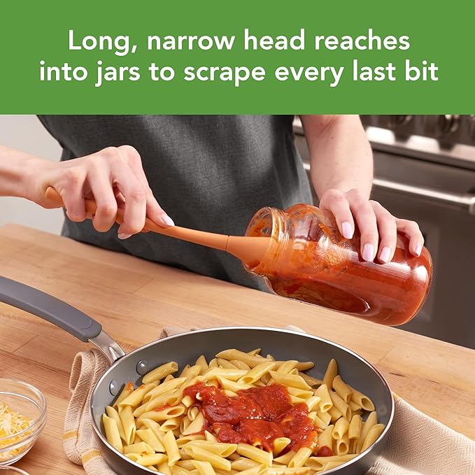 Tovolo Silicone Jar Spatula Long Handled Rubber Scraping Scooping Tool for Peanut Butter Jam Jelly Jars Blenders, Extra Long Flex Core Silicone Jar Scraper Dishwasher Safe BPA Free, Apricot Orange
