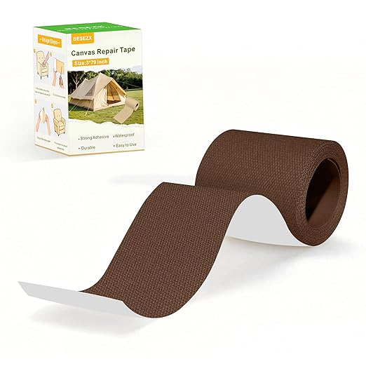 Besezx Canvas Repair Tape,Outdoor Gear Patch, 3x79 Inches,Waterproof Self-Adhesive Fabric Repair Tape for Repairing Boat Covers,Sun Shades,Sofas,Tents,Lounge Chairs,Awnings (Brown)