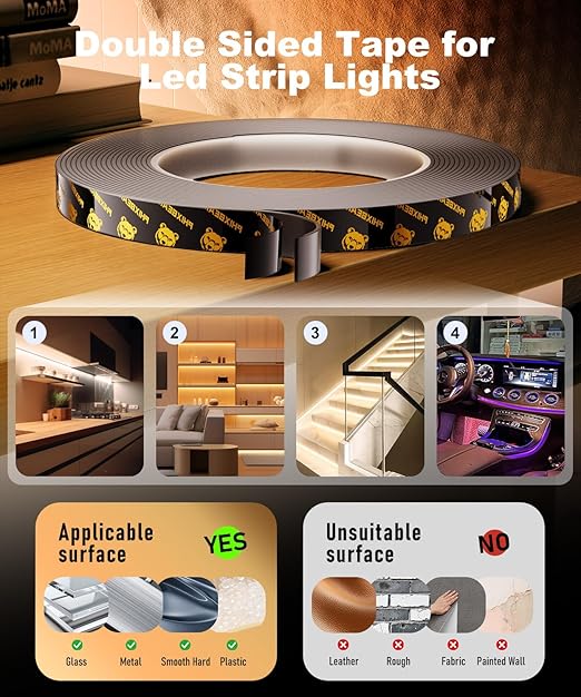 PHIXBEAR Heavy Duty Double Sided Tape for Led Strip Lights, Automotive Trim, Garage, Home Decor, Indoor & Outdoor, 20Ft x 1/4" Heat Resistant Waterproof Adhesive Mounting Tape