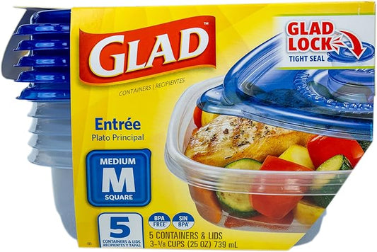 Glad GladWare Entree Food Storage Containers with Lids, Medium Square BPA Free Plastic for Meal Prep and Lunches, Lock Tight Seal, Microwave and Dishwasher Safe, 25 Oz, 5 Count