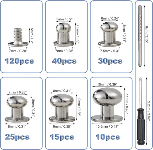 YORANYO 120 Sets Round Head Button Stud Assorted Sizes Button Screw Stud for Leather Chicago Screws Spikes and Studs Silver Leather Rivets for Repair Decorate Clothing Shoes Belts Bags Dog Collars