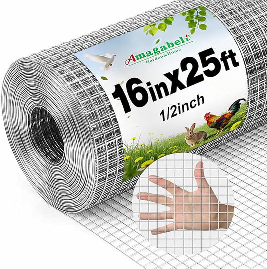 AMAGABELI GARDEN & HOME Hardware Cloth 1/2 inch 16inx25ft Galvanized After Welding 19 Gauge Square Chicken Wire Fence Mesh Roll Raised Garden Bed Plant Supports Poultry Netting Cage Snake Fence