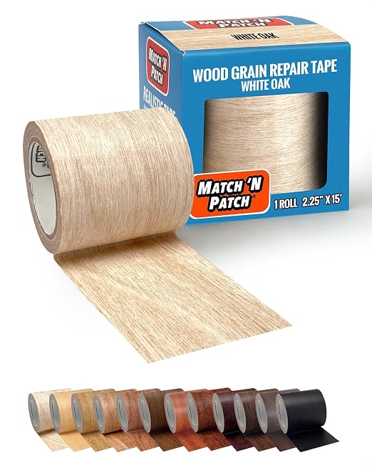 MATCH 'N PATCH Wood Grain Repair Tape - White Oak, 2.25 in x 15 ft (1-Pack) – Wood Grain Colored Duct Tape for Mirror Frame, Trim, Borders, Floor and Other Furniture, Scratch Repair Kit