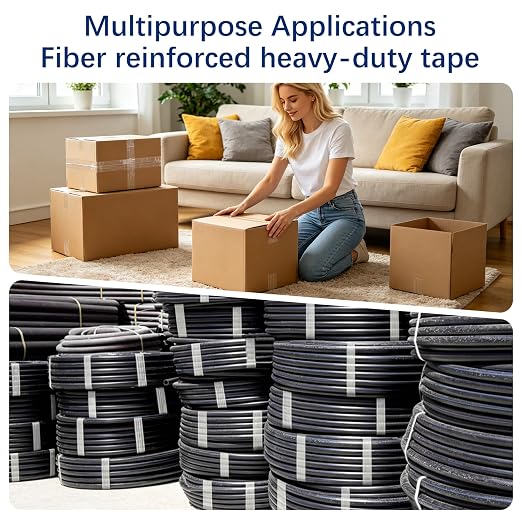 Heavy Duty Filament Strapping Tape 2 Rolls 2" x 60 Yds, Waterproof Weatherproof Strong Adhesive Tape for Shipping, Pallet Securing and Industrial Bundling